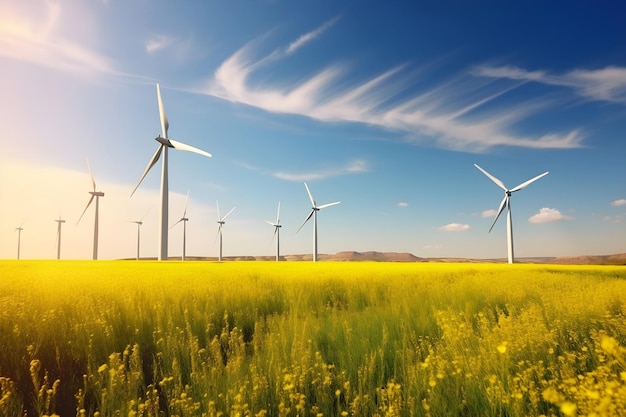 Windturbines in zomerveld met zonlicht hernieuwbare energieconcept Generatieve AI