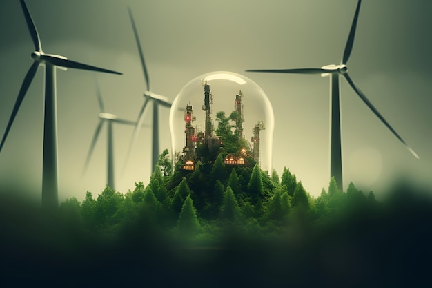 Windturbines met gloeilampen tussen de bomen Dag van de Aarde alternatieve energie