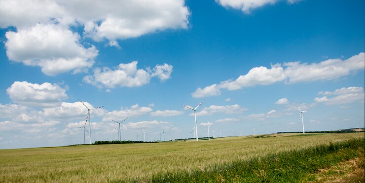 Windturbines onder de blauwe hemel