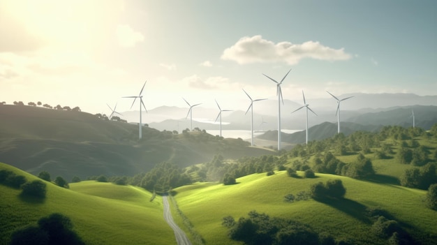 Windturbines op de groene heuvels tegen de kleurrijke zonsonderganghemel productie van hernieuwbare groene energie