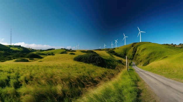 Windturbines op de heuvel groene alternatieve energie Generatieve AI