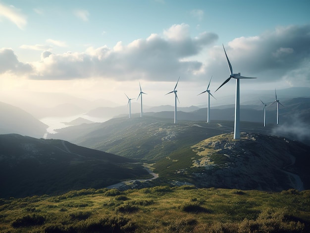 Windturbines op een heuvel met een rivier op de achtergrond