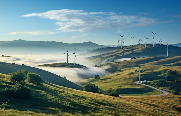 windturbines op een wazige bergkam