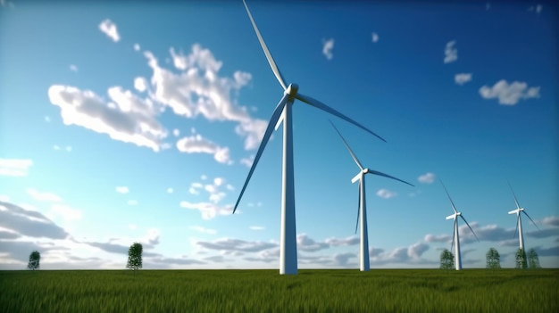 Windturbines op het groene veld tegen de blauwe luchtproductie van duurzame groene energie duurzaam