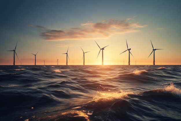 Windturbines op het water bij zonsondergang