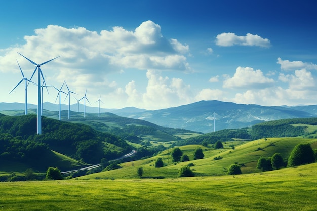 Foto windturbines te midden van glooiende heuvels generatieve ai