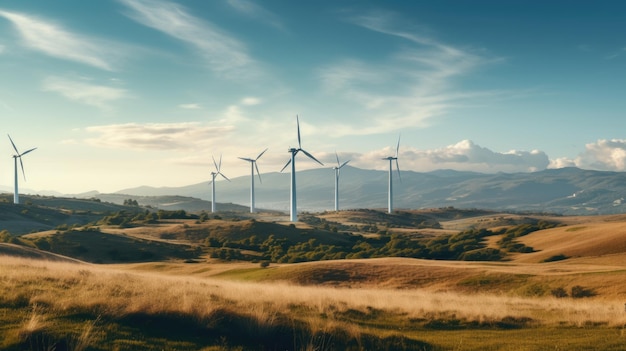 Windturbines tegen de achtergrond van het veld en de lucht Gemaakt met generatieve AI-technologie