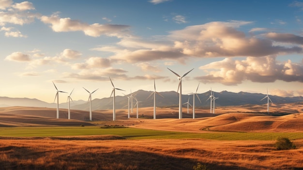 Windturbines tegen de achtergrond van het veld en de lucht Gemaakt met generatieve AI-technologie