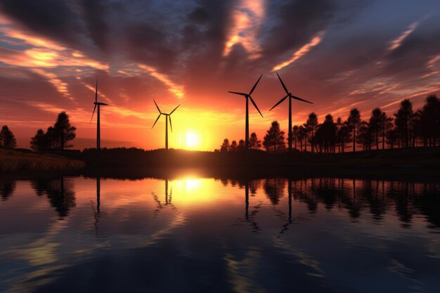 Windturbines tegen een achtergrond van zonsondergang gemaakt met generatieve AI