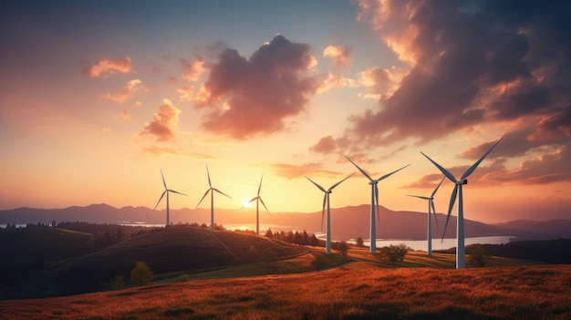 Windturbines tegen een levendige zonsondergang die alternatieve energie Generatieve AI vertegenwoordigt