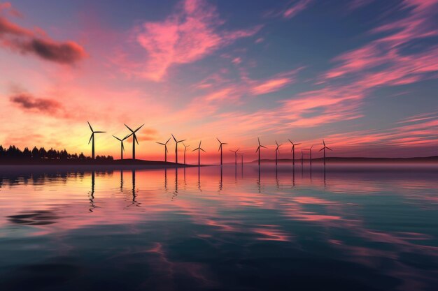 Windturbines weerspiegelen in een rustig meer gecreëerd met generatieve AI