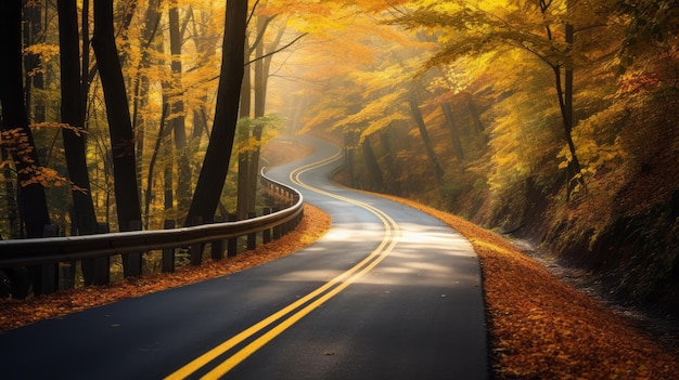 Windy Autumn Road in yellow leaves woods