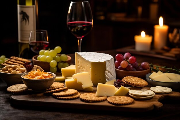 Фото Партия с вином и сыром с различными сырами и крекерами на столе