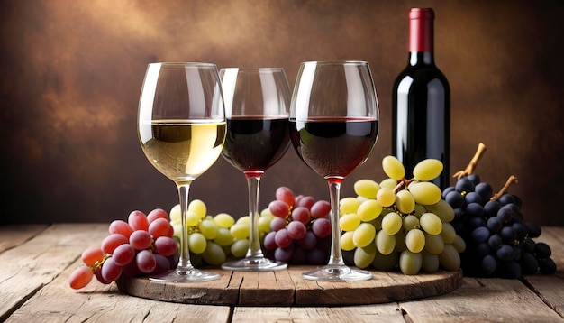 Вино на фоне бокалы красного и белого вина на деревенском фоне