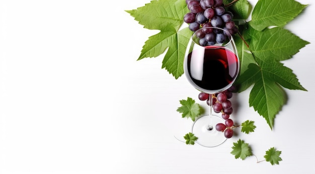 Wine banner with glass of red wine and red vine on white background