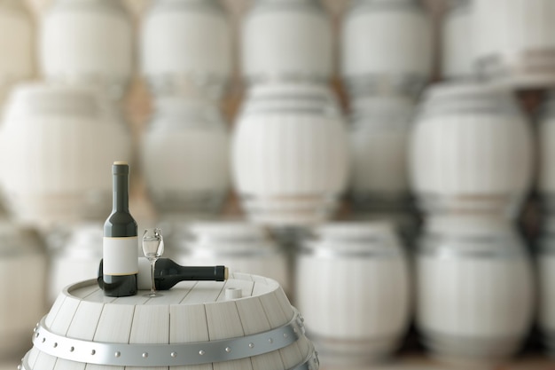 Wine barrel and bottles