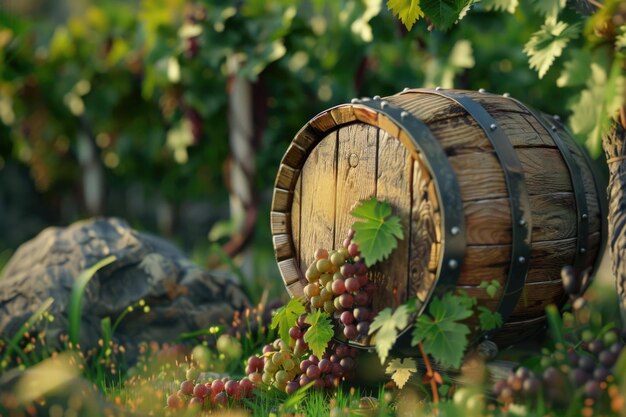 Foto uva in botte da vino e vigna in stile vintage