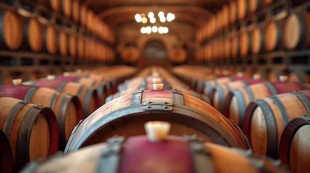 Wine barrels arranged neatly in the wine cellar