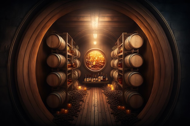 Wine barrels in the cellar of a winery Generative AI