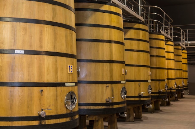 Wine barrels inside a large winery