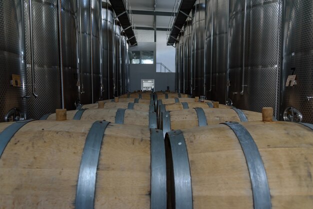 Wine barrels stacked in the old cellar of the winery