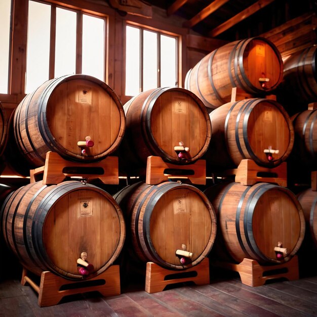 Photo wine barrels stored in winery warehouse as part of brewing process