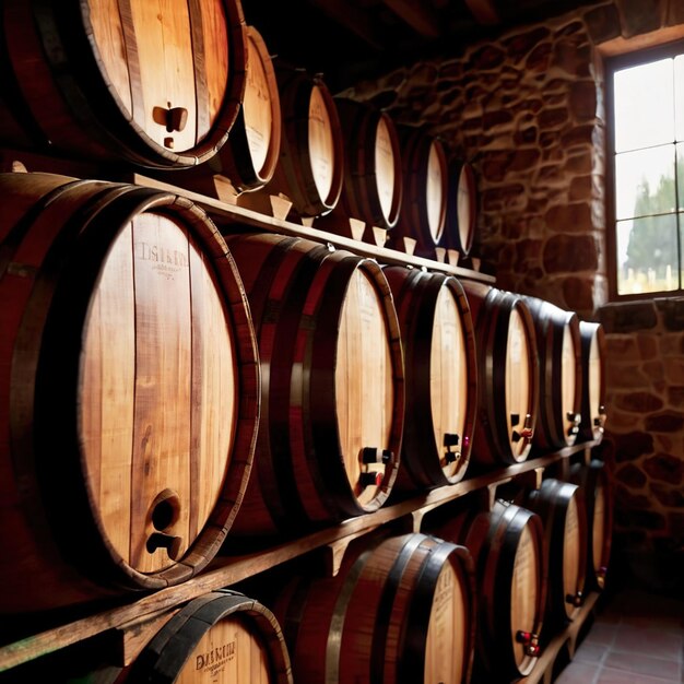 Photo wine barrels stored in winery warehouse as part of brewing process