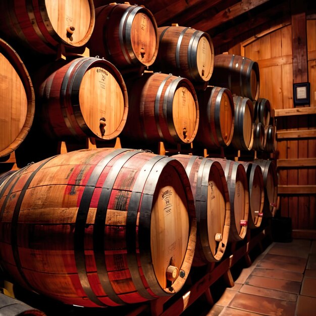 Photo wine barrels stored in winery warehouse as part of brewing process