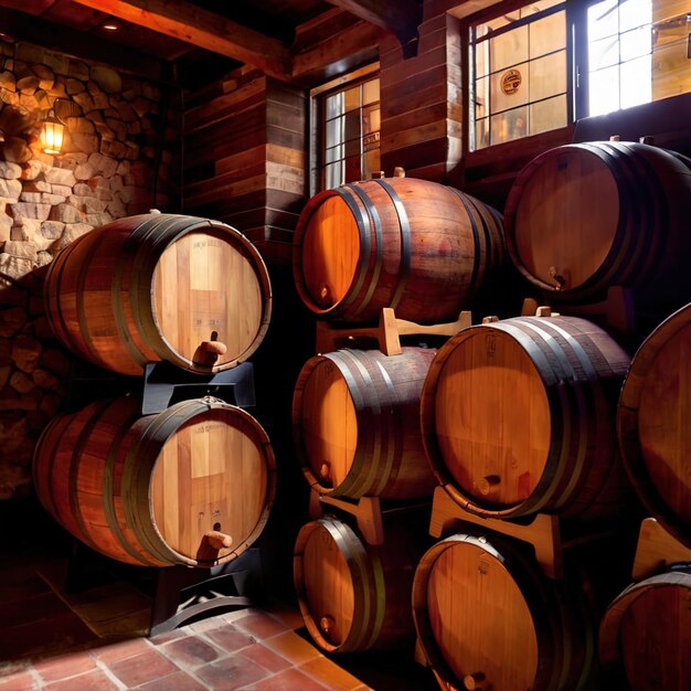 Photo wine barrels stored in winery warehouse as part of brewing process