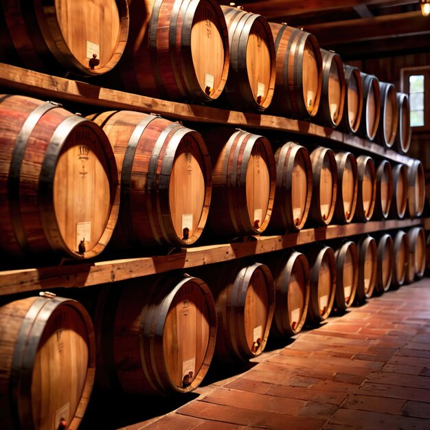 Wine barrels stored in winery warehouse as part of brewing process