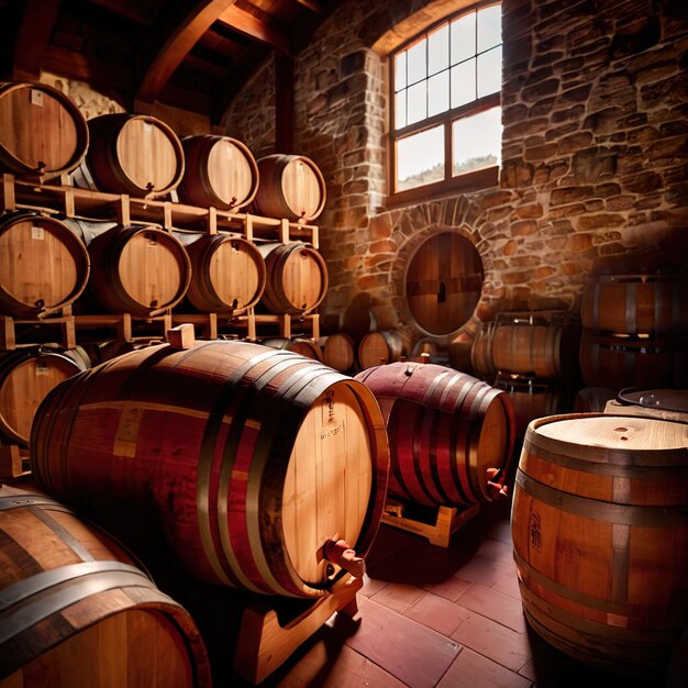 Photo wine barrels stored in winery warehouse as part of brewing process