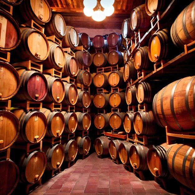 Photo wine barrels stored in winery warehouse as part of brewing process