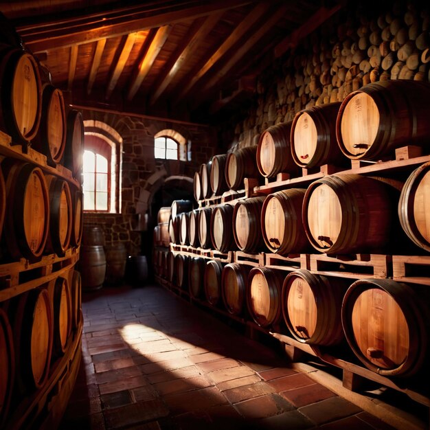 Photo wine barrels stored in winery warehouse as part of brewing process