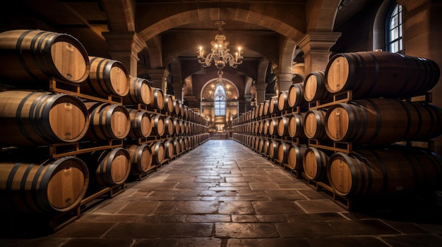 Wine barrels in wine vaults Wine or whiskey barrels French wooden barrels