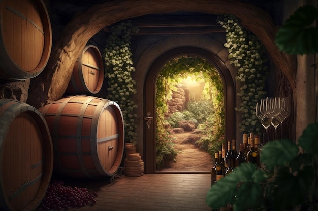 Wine bottle and barrel Generative AI