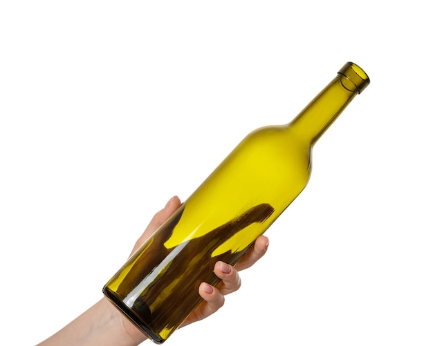 Wine bottle in female hand isolate