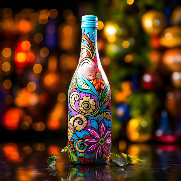 Дизайн упаковки винной бутылки с цветочным узором