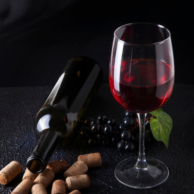 Wine bottle and glass of red wine on dark textured surface