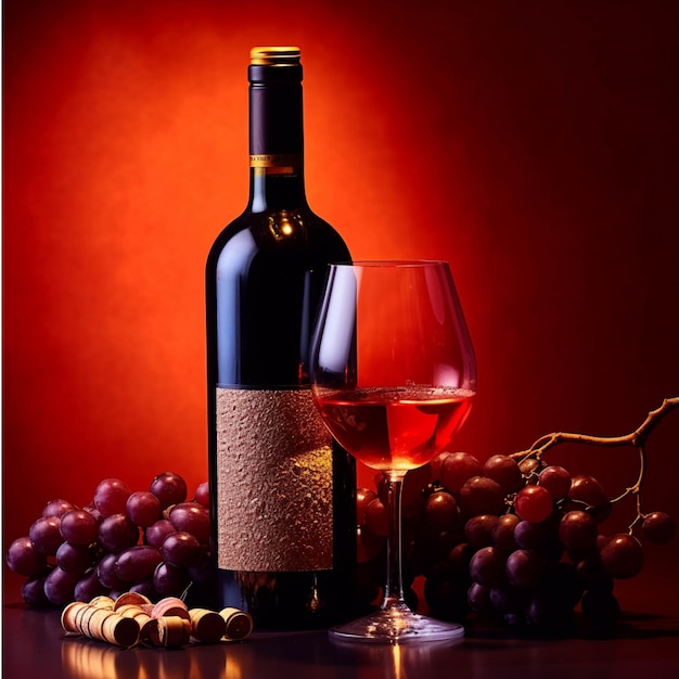 Wine bottle and glass of red wine with grapes on red background