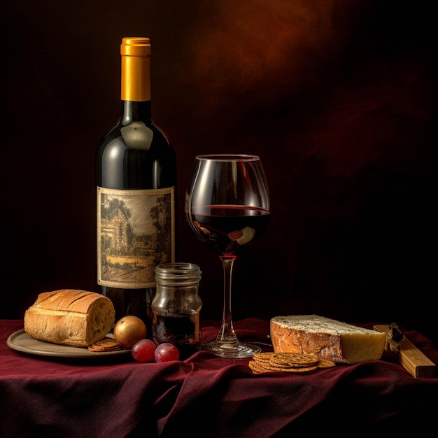 Photo wine bottle and glass of red wine on a wooden table