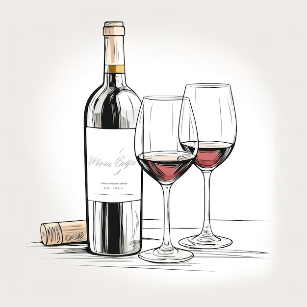 Photo wine bottle and glass of wine hand drawn sketch style illustrations