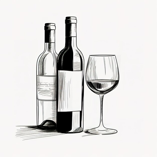 Photo wine bottle and glass of wine hand drawn sketch style illustrations