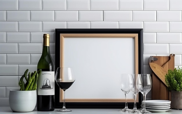 A wine bottle and glasses are on a counter next to a wine bottle.