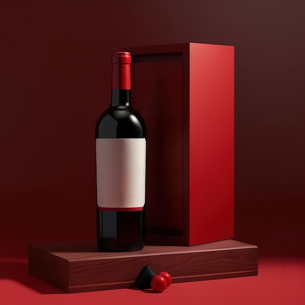 추상 빨간색 배경에 빈 레이블이 있는 와인 병 모형