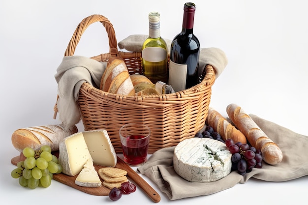 Wine bottle and picnic basket filled with wine baguette on white background Generative AI