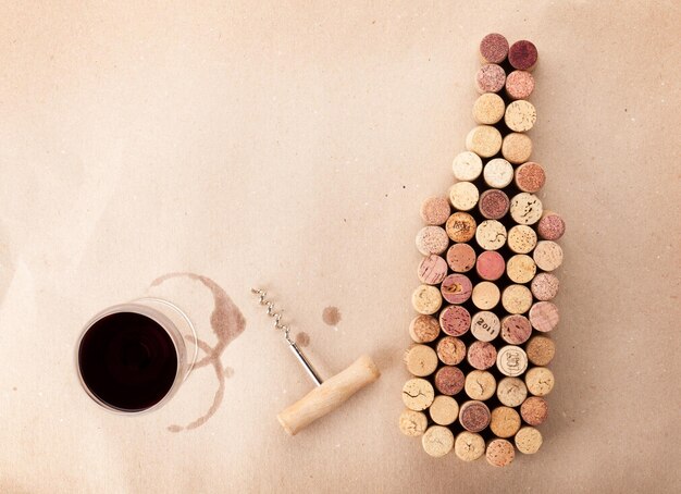 Wine bottle shaped corks glass of wine and corkscrew