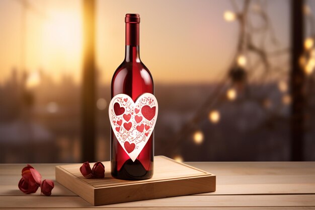 ワインボトルのショッピング バッグの白いボックスと黒地にバレンタインデーの赤いハート