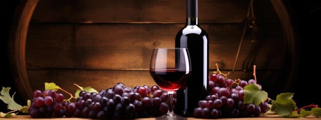 Wine bottle and wine glass next to a barrel on a wooden background