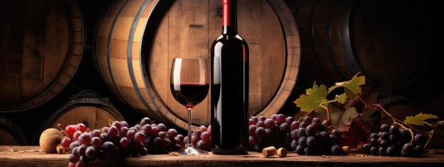 Wine bottle and wine glass next to a barrel on a wooden background