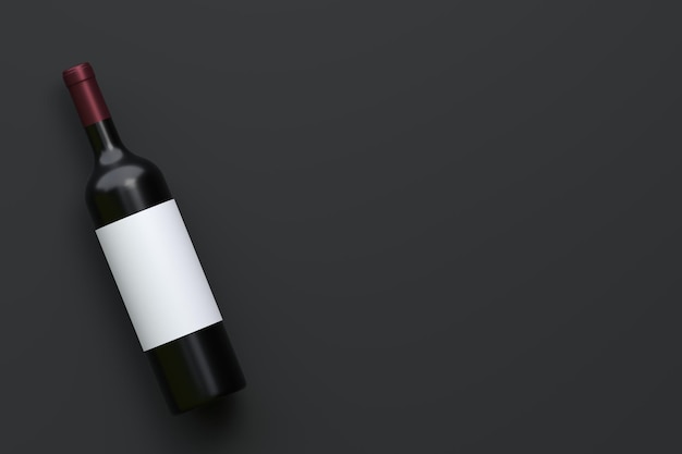 Wine bottle with white label on a black background Top view Minimal concept 3D render illustration